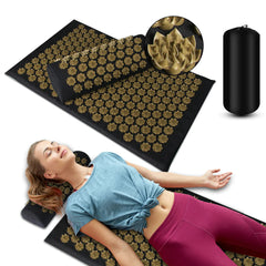 Acupressure mat with a woman lying on it, accompanied by a pillow and bag.