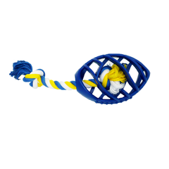 Blue and yellow pet toy with a rope  on a white background