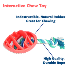 Red chew toy with a blue and green rope on a white background