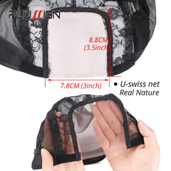 Black lace mesh cap held by a hand with measurements and brand name displayed.