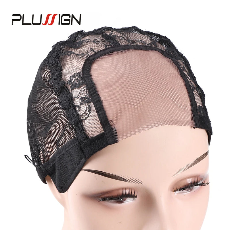 Black lace wig cap on a mannequin head with PLUSSIGN branding.