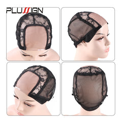 Black lace wig cap displayed on mannequin heads with Plussign branding.