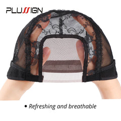 Black lace mesh cap with a white background, featuring the Plussign brand.