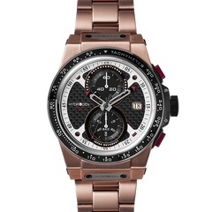 Rose gold watch with a detailed face on a white background