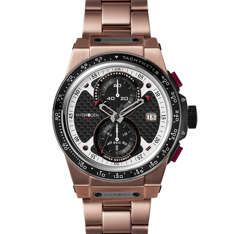 Rose gold watch with a detailed face on a white background