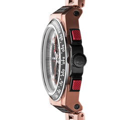Rose gold watch with red accents on a white background