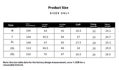 Product size chart for clothing measurements with size labels.