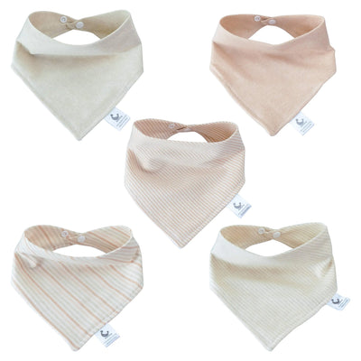 Set of five baby bandannas in beige and cream colors on a white background