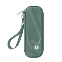 Green travel case with a wrist strap on a white background