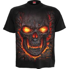 Black t-shirt with a fiery skull design on a white background