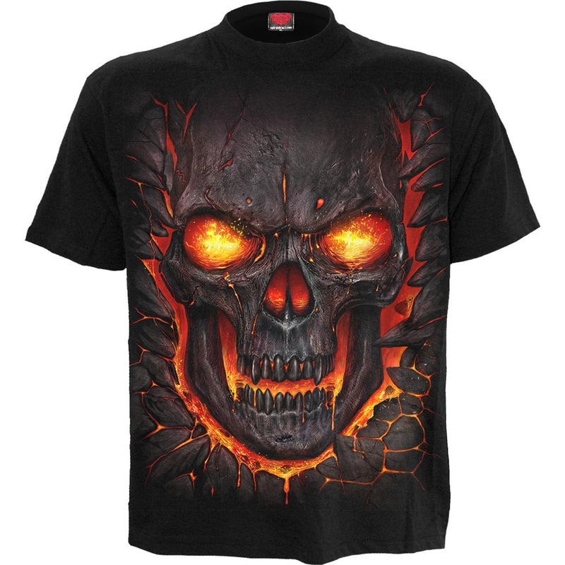 Black t-shirt with a fiery skull design on a white background