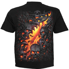 Black t-shirt with fiery skull design on a white background