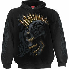 Black hoodie with a skull and bullet design on a white background