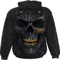 Black hoodie with a skull design and gold accents on a white background