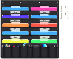 Wall-mounted organizer with colorful labeled folders and pockets on a white background