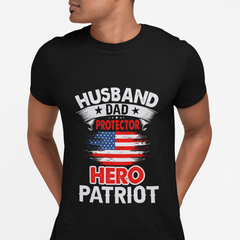 Black t-shirt with patriotic design featuring text and an American flag.