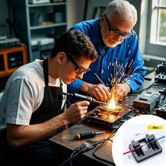 Two men working on a project with sparks flying, one using a welding tool.