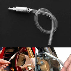 Clear plastic hose with metal fitting on a black background, used for motorcycle brake fluid bleeding.