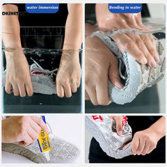 Steps showing water immersion, bending in water, applying shoe glue, and a close-up of a shoe.