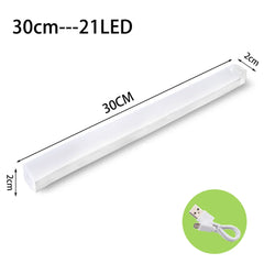 LED strip light with dimensions and USB cable on a white background