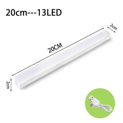 White LED strip light with dimensions and USB cable on a white background