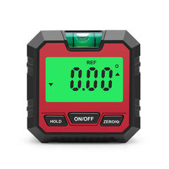 Digital level with red casing and green display on a white background