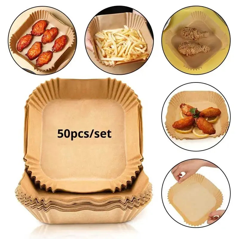 Stack of square paper liners with food items on top, labeled '50pcs/set'.