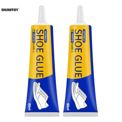 Two tubes of shoe glue with blue and yellow packaging on a white background.