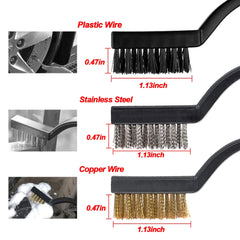 Three brushes with different wire types and measurements on a white background