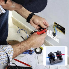 Person working on electrical wiring with a close-up of wire connectors welding tool.