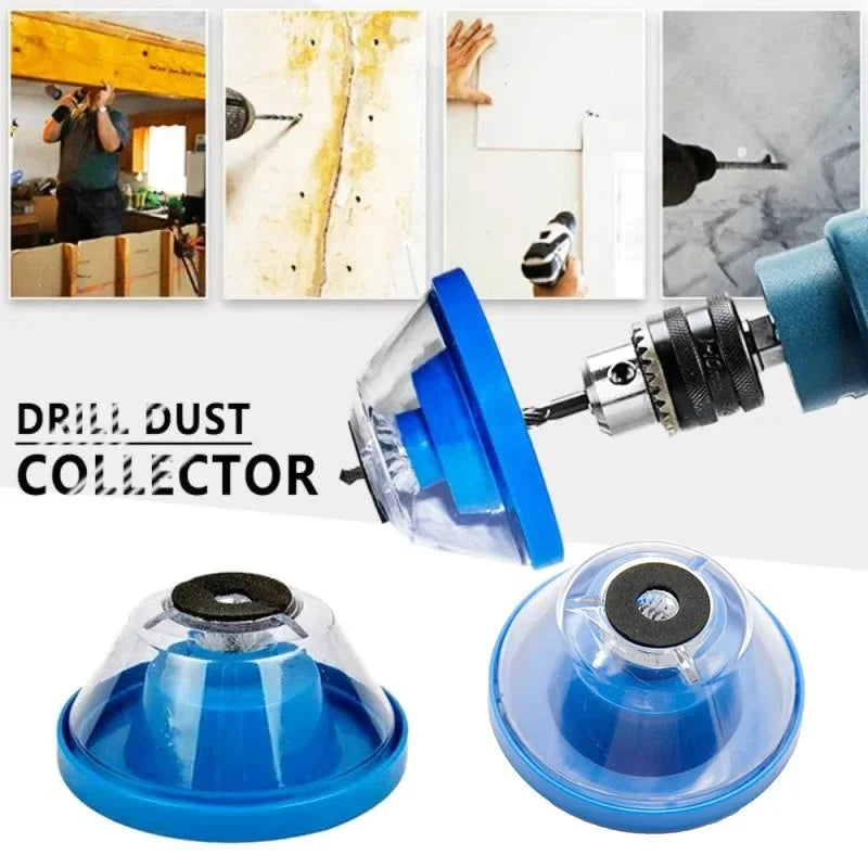 Drill dust collector with images of its use in various settings.