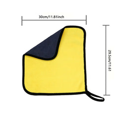 Yellow towel with black border and measurements on a white background