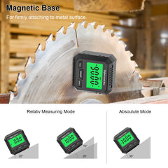 Digital angle gauge with magnetic base attached to a metal surface, showing measurement modes.