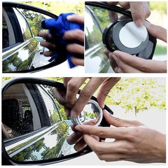 Step-by-step process of cleaning a car mirror with a microfiber cloth and a cleaning tool.