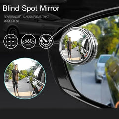 Car blind spot mirror with a 360-degree view and inset showing its effectiveness.
