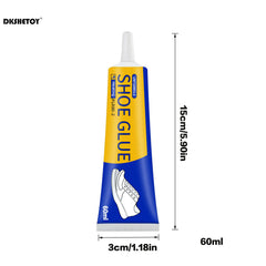Shoe glue tube with dimensions and Dkshietoy branding on a white background