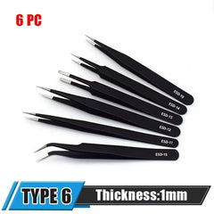 Set of six black tweezers with labeled sizes on a white background