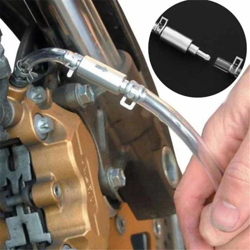 Person adjusting a motorcycle brake with close-up of tool