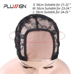Wig cap with measurements on a mannequin head, branded 'PLUSSIGN'.