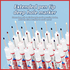 Extended pen tip deep hole marker with text on a blue background