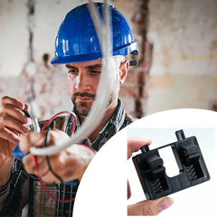 Man in blue hard hat working with electrical wires, inset showing a tool.