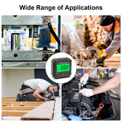 Digital tachometer with various applications including machinery, woodworking, and automotive work.