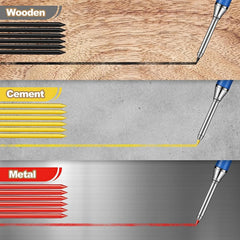 Three types of leds labeled 'Wooden', 'Cement', and 'Metal' with corresponding colors on a wooden, cement, and metal surface.