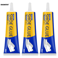 Three tubes of shoe glue with blue and yellow packaging on a white background