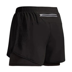 Black athletic shorts with a gray zipper pocket on a white background