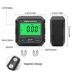 Digital level box with LCD display, buttons, and magnetic design on a white background