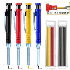 Set of colorful pencils with a built-in sharpener and additional leads on a white background