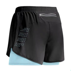 Black athletic shorts with a logo on the back pocket against a white background