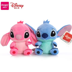Two plush toys, one pink and one blue, with Aoger and Disney logos on a white background.