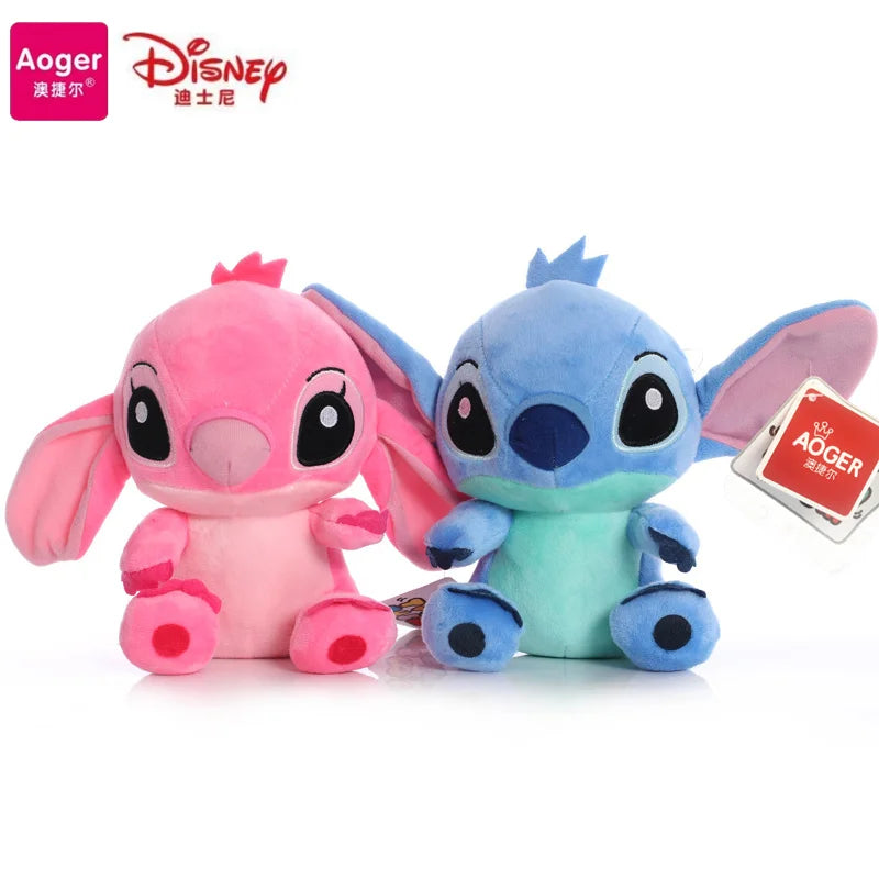 Two plush toys, one pink and one blue, with Aoger and Disney logos on a white background.